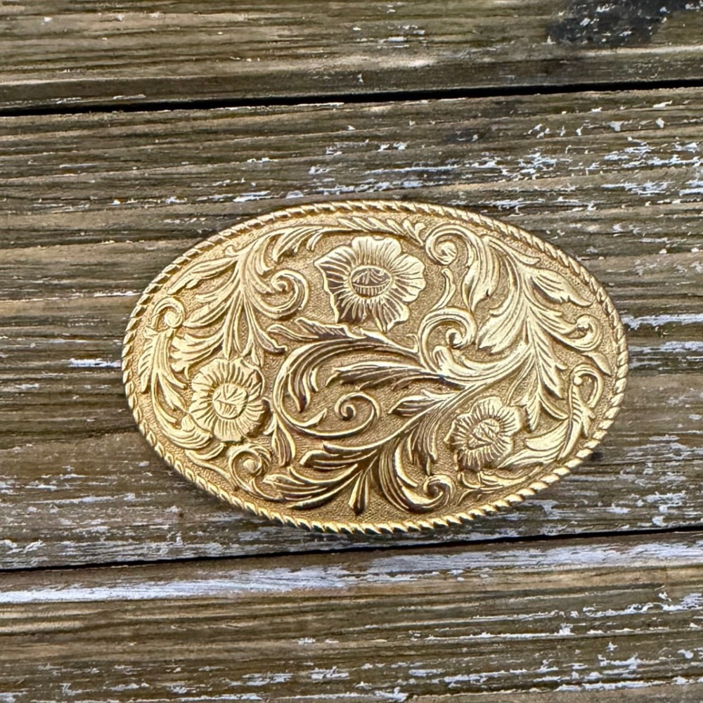 Vintage Floral Gold Tone Oval Belt Buckle Western Boho Festival Embossed Metal